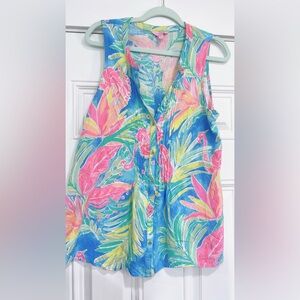 Lilly Pulitzer Sleeveless Top Size large Sarasota Bennet Blue Pin tuck Tropical